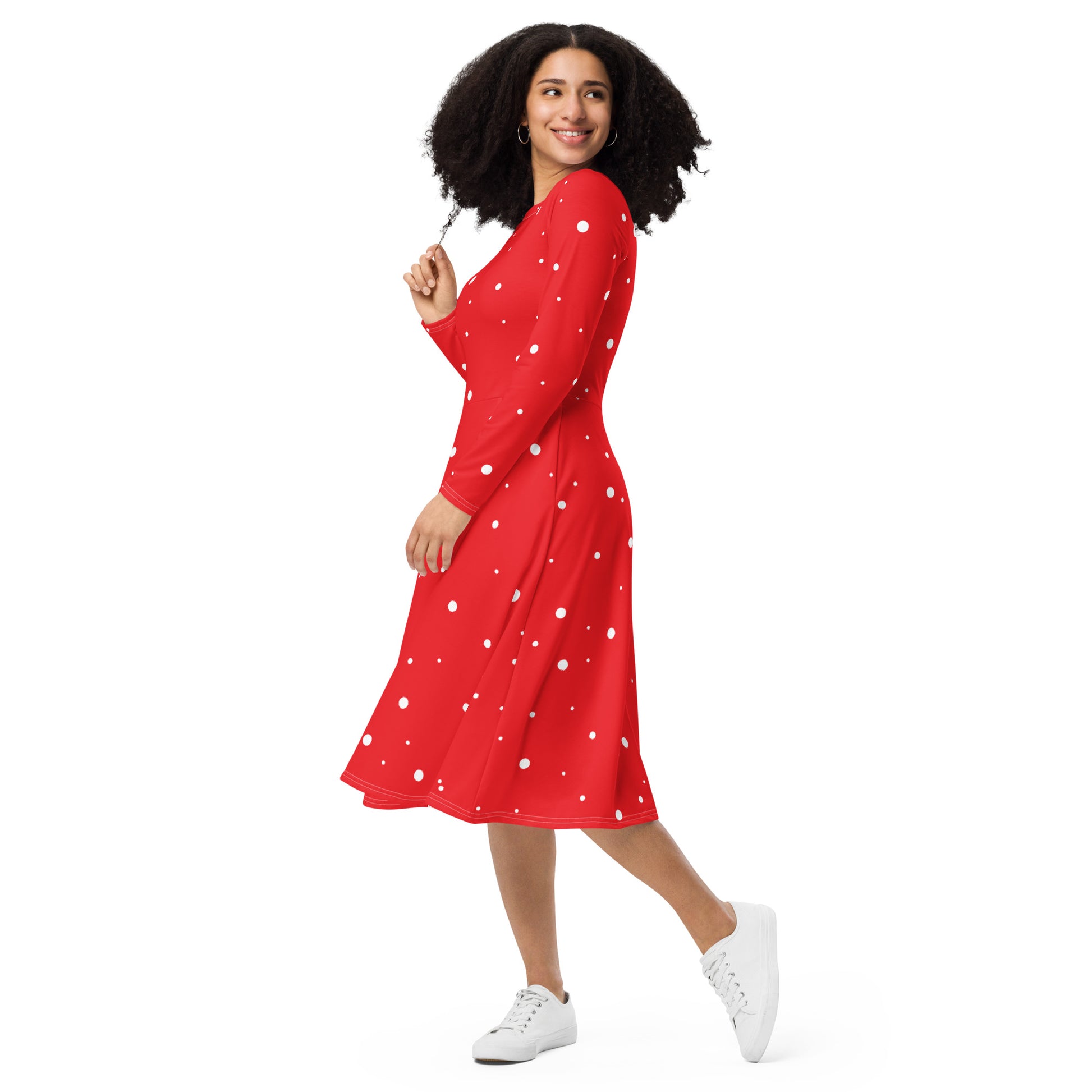 Red and white polka dot dress with sleeves – side view