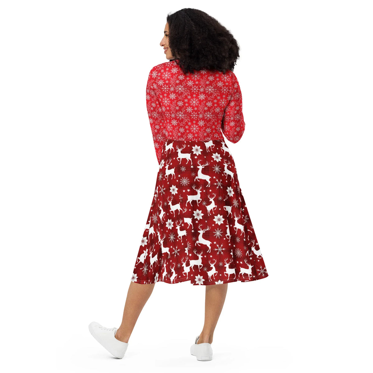 Red long sleeve Christmas dress with reindeer and snowflake print