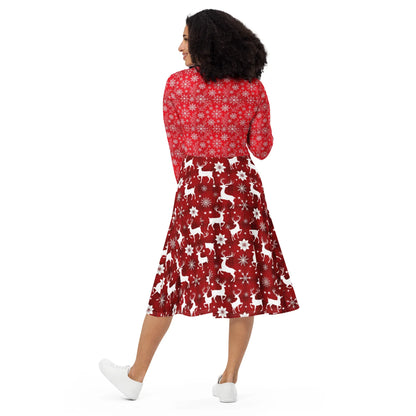 Red long sleeve Christmas dress with reindeer and snowflake print