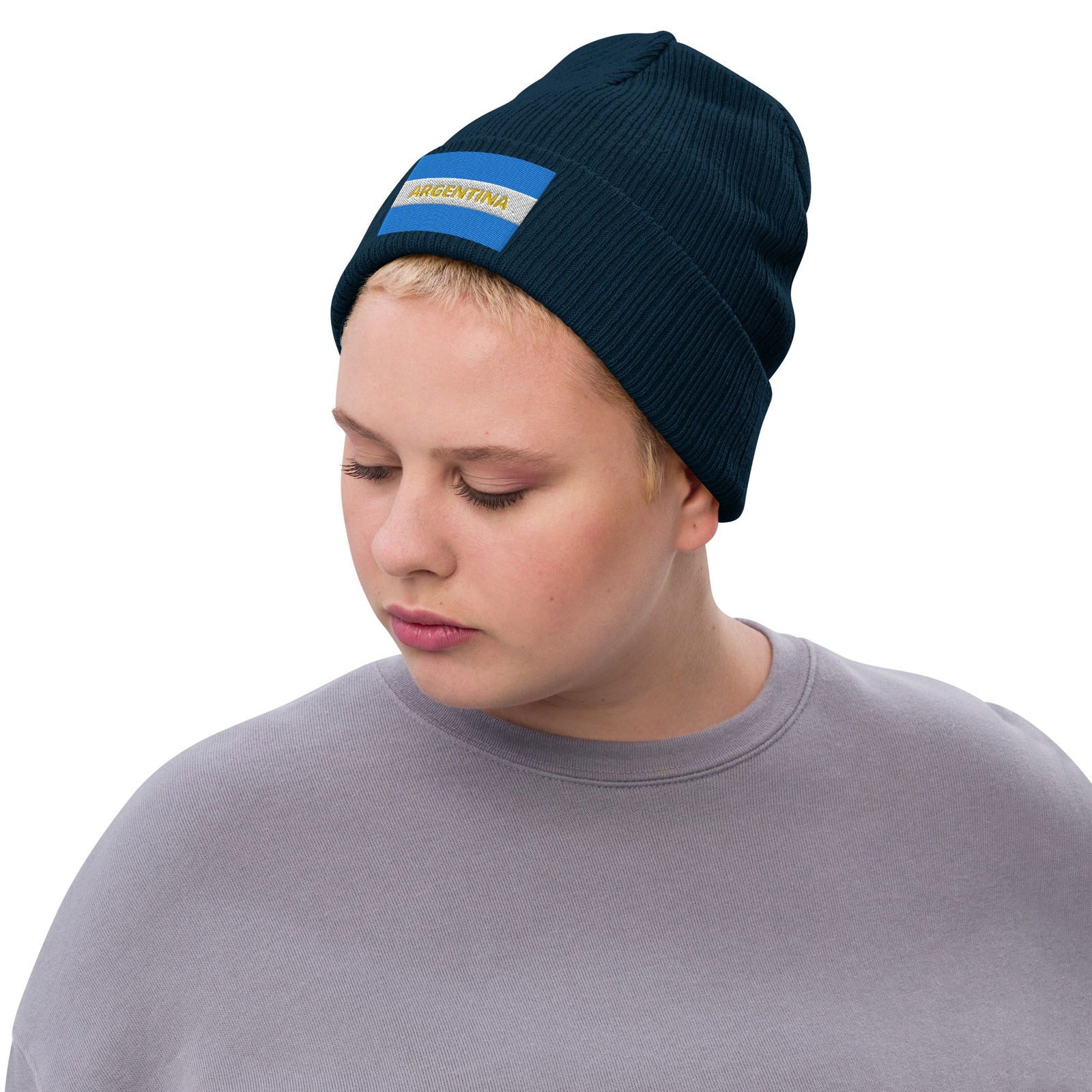 Ribbed Knit Embroidered Argentina Beanie  Recycled Polyester