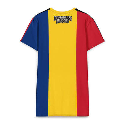 Romanian Blood graphic tee dress with patriotic flag colors for women