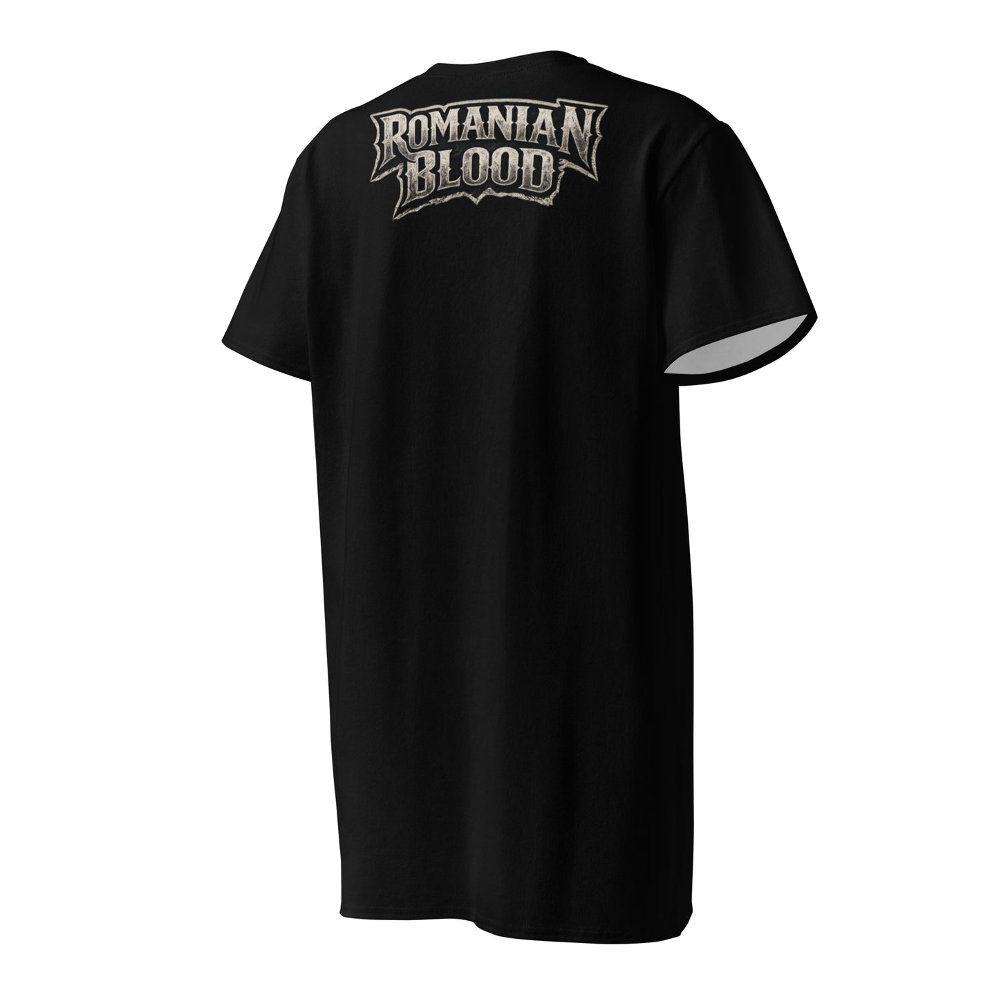 Romanian Blood logo detail on back of black Dacian Legacy heritage t-shirt dress