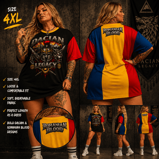 Romanian Dacian Legacy T-Shirt Dress 4XL Plus Size Blonde Woman Front and Back View