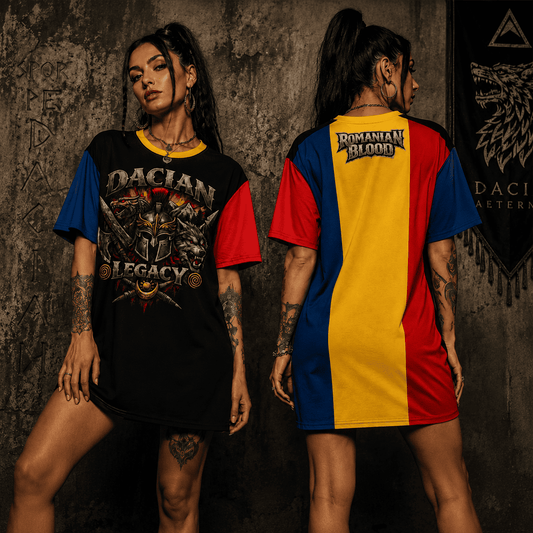 Romanian Patriotic T-Shirt Dress with Dacian Warrior Wolf Design