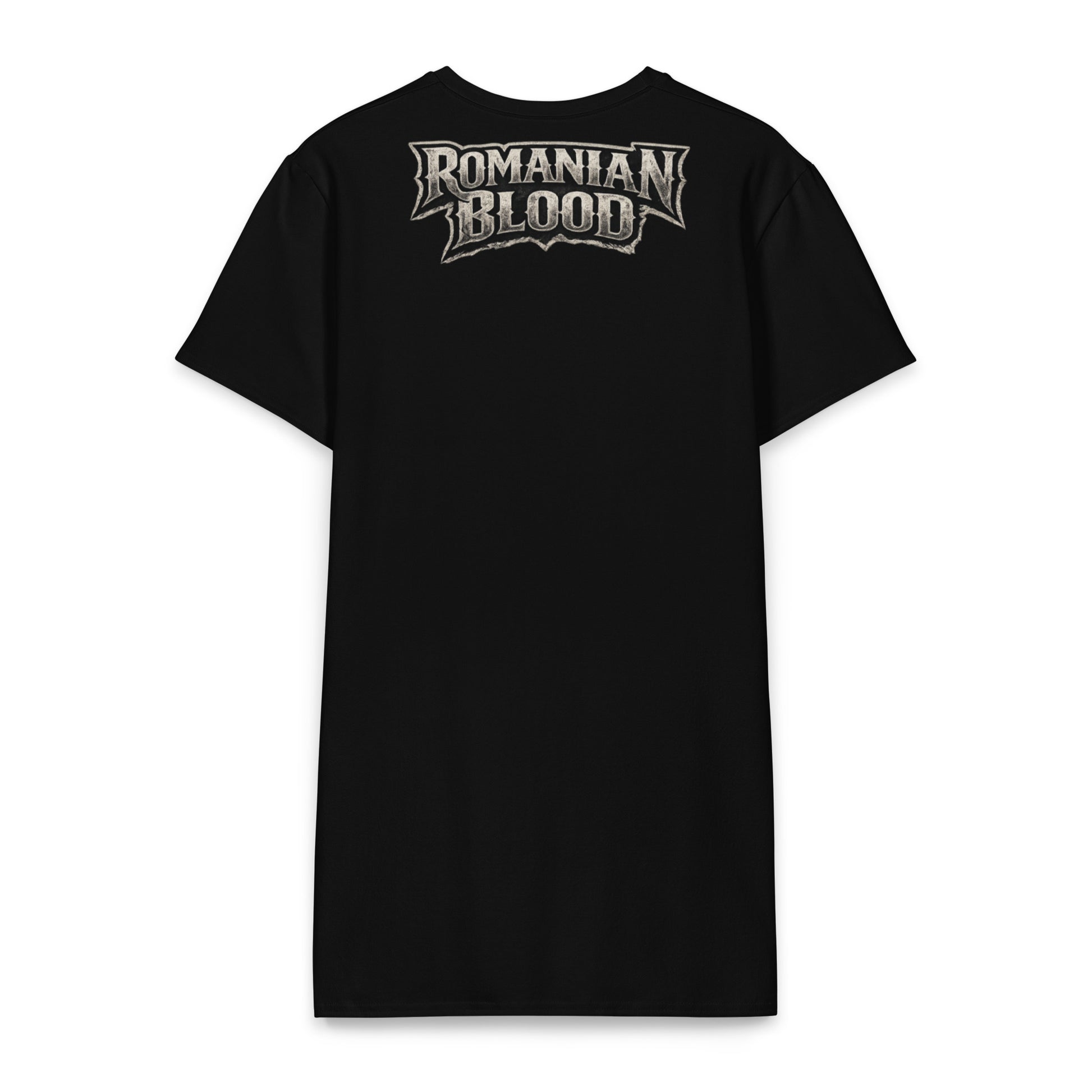 Romanian pride dress with ancient Dacian warrior graphic print on black cotton elastane blend
