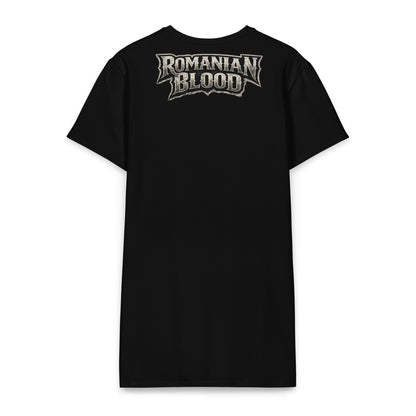 Romanian pride dress with ancient Dacian warrior graphic print on black cotton elastane blend