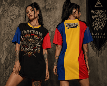Romanian t shirt dress for women with Dacian Legacy wolf warrior graphic print on black