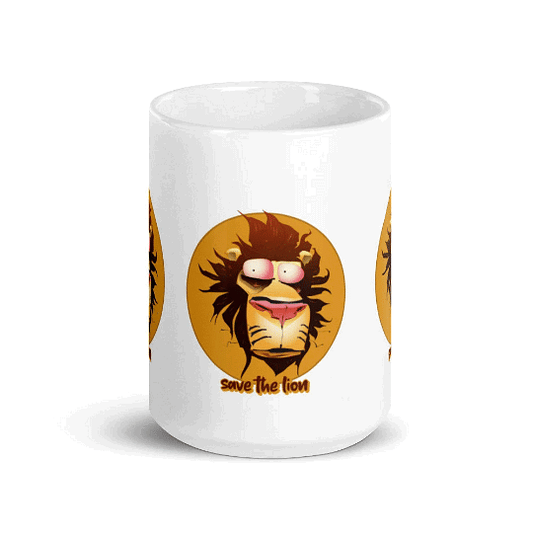 Save The Lion ceramic coffee mug with lion illustration on white glossy cup