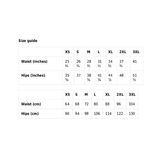 Shorts size chart showing available sizes for Brazil shorts