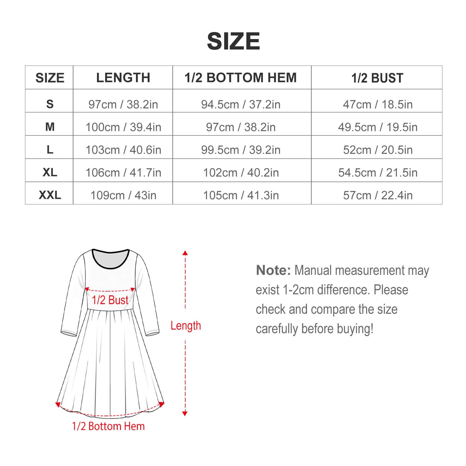 Size Guide Long Sleeved Dress