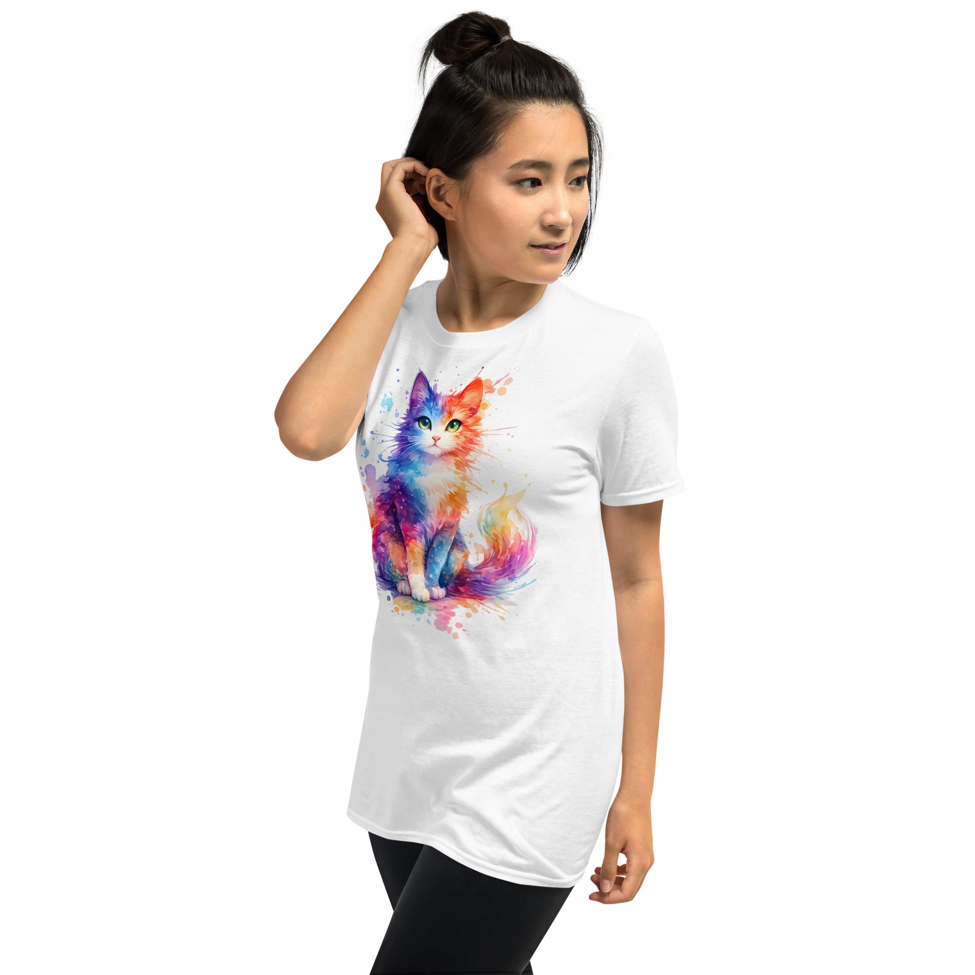 Soft cotton t-shirt featuring abstract watercolor cat art