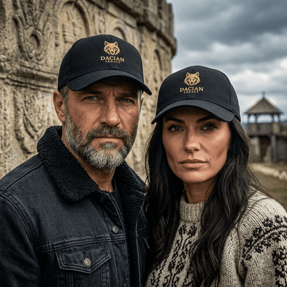 Soft crown black baseball cap with gold Dacian wolf embroidery Romanian pride apparel