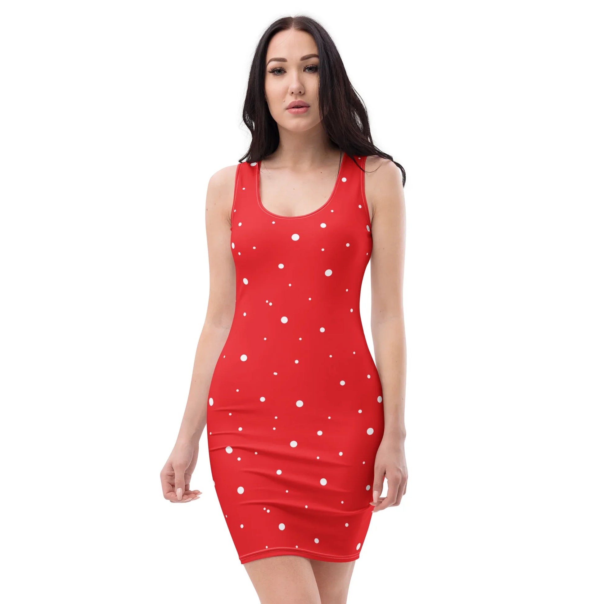 Red Polka Dot Bodycon Dress – Sleeveless Fitted Style L