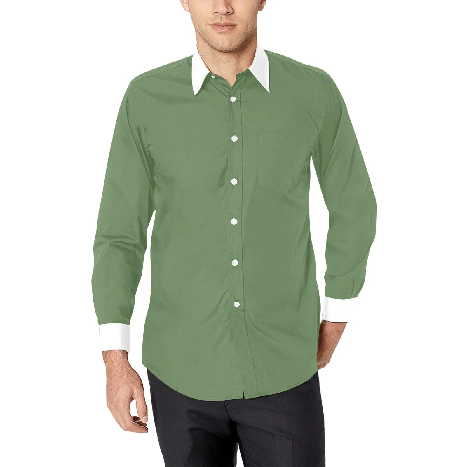 Olive Green Dress Shirt with White Collar and Cuffs | YVDdesign XL Olive Green Dress Shirt with White Collar and Cuffs | YVDdesign XL