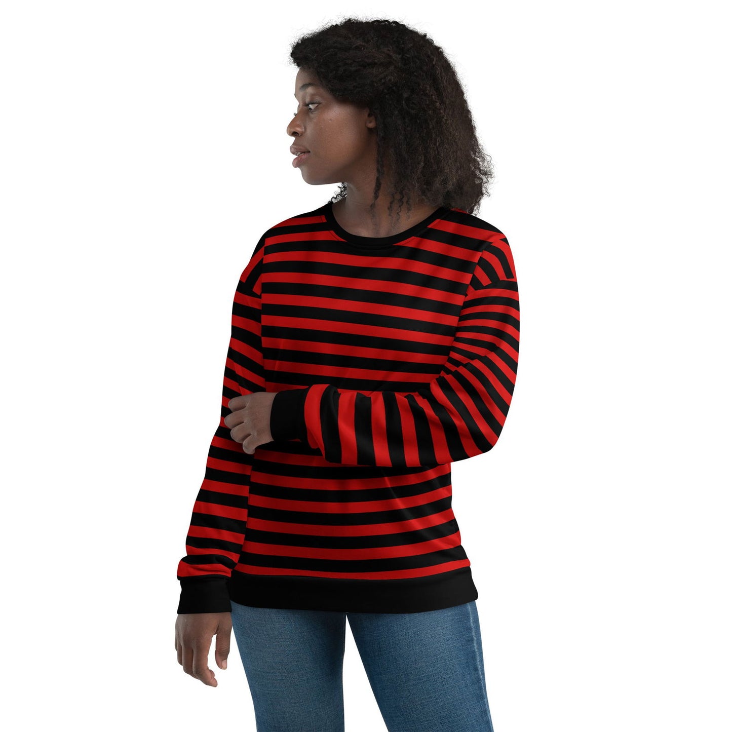 Sustainable red and black striped sweater with soft fleece lining