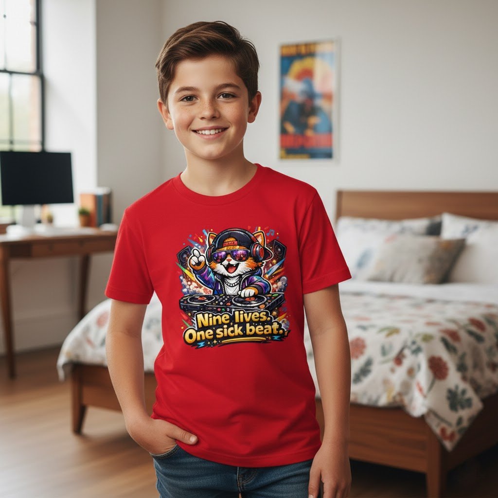 Trendy kids streetwear featuring musical cat illustration