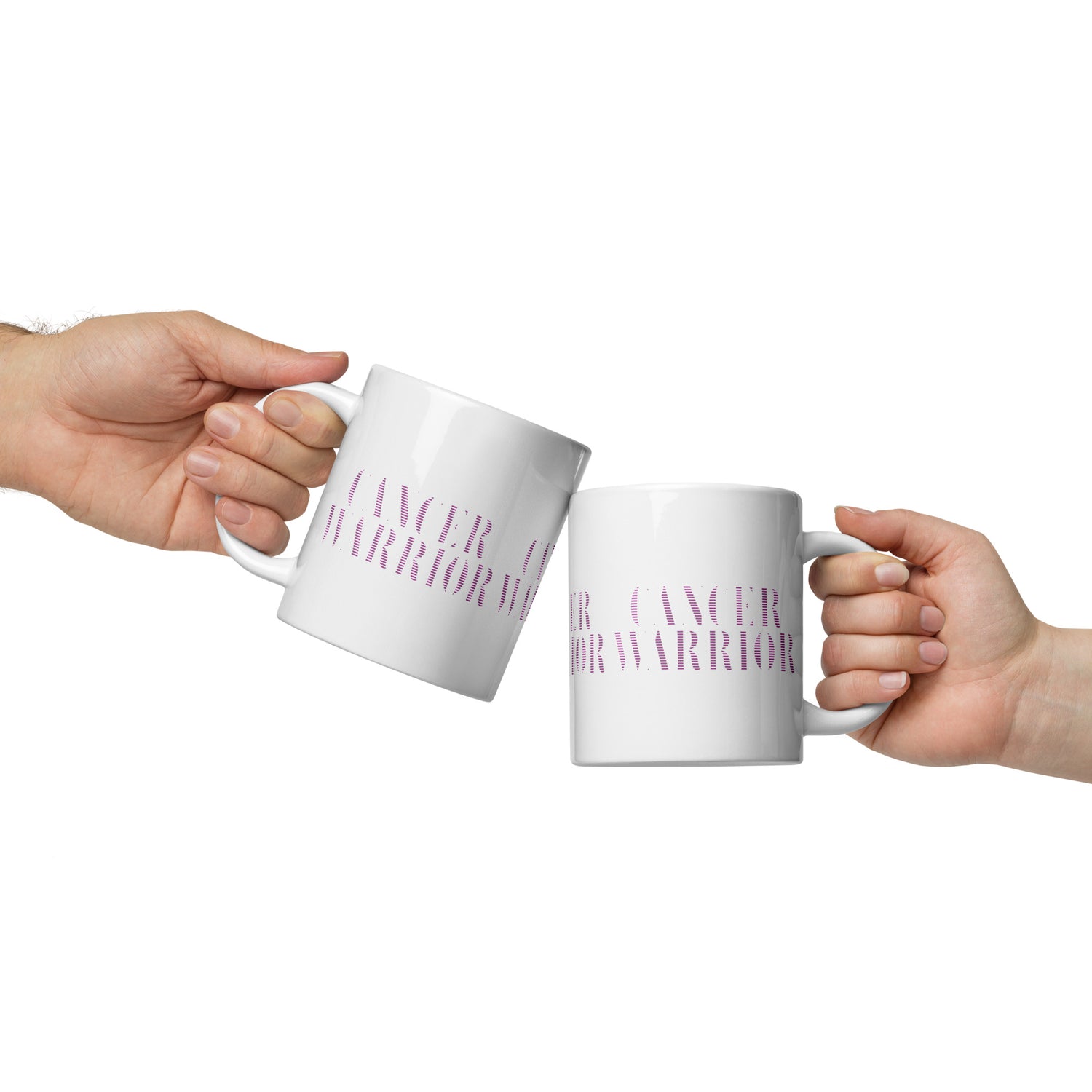 Two hands holding Cancer Warrior mugs in support and unity