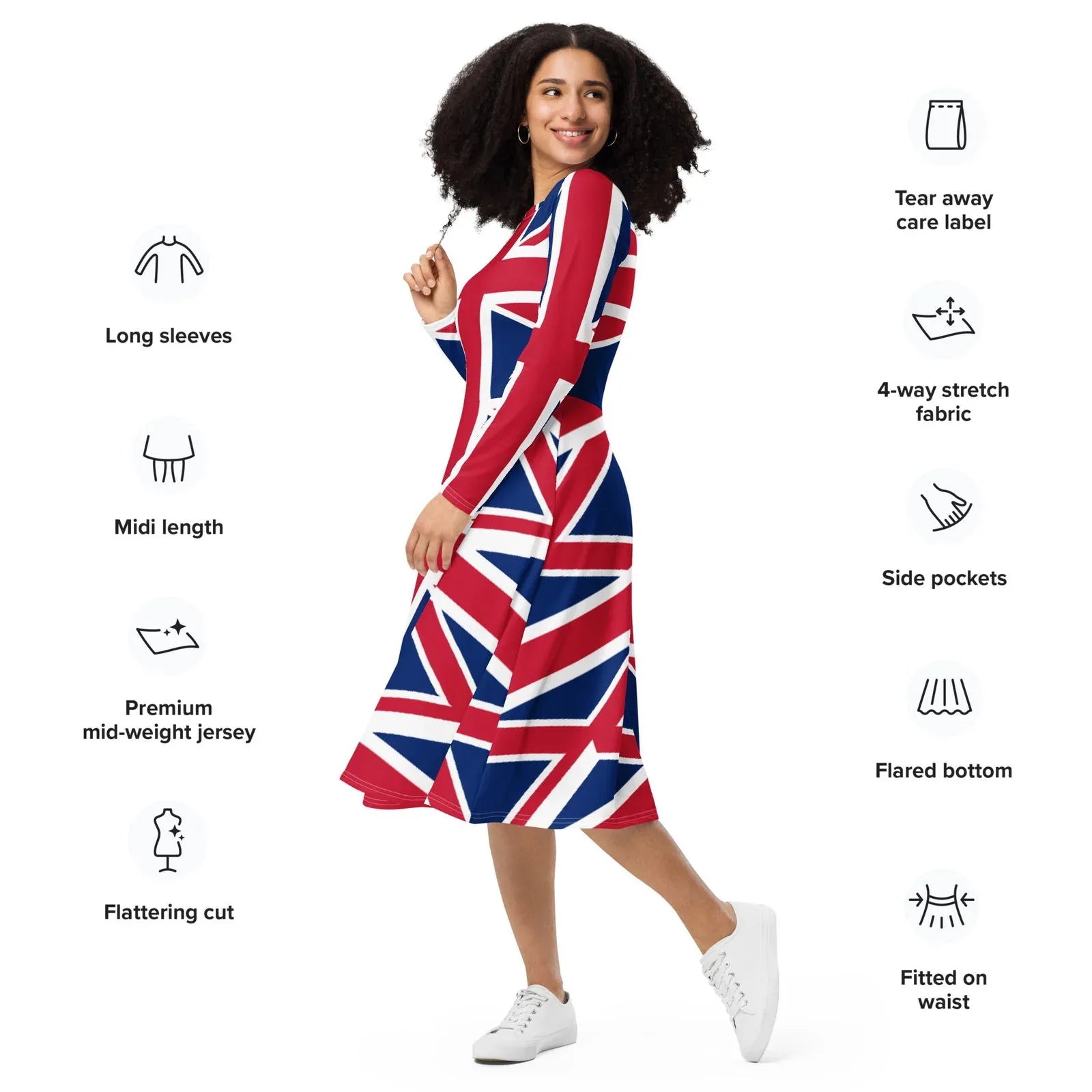 Union Jack long sleeve midi dress flared skirt with side pockets