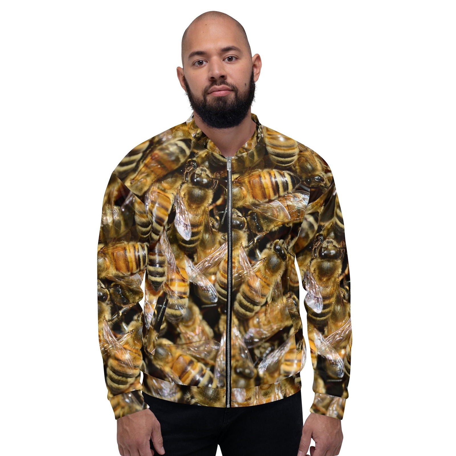 Unisex bomber jacket for beekeepers with all-over bee design