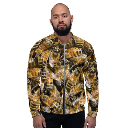 Unisex bomber jacket for beekeepers with all-over bee design