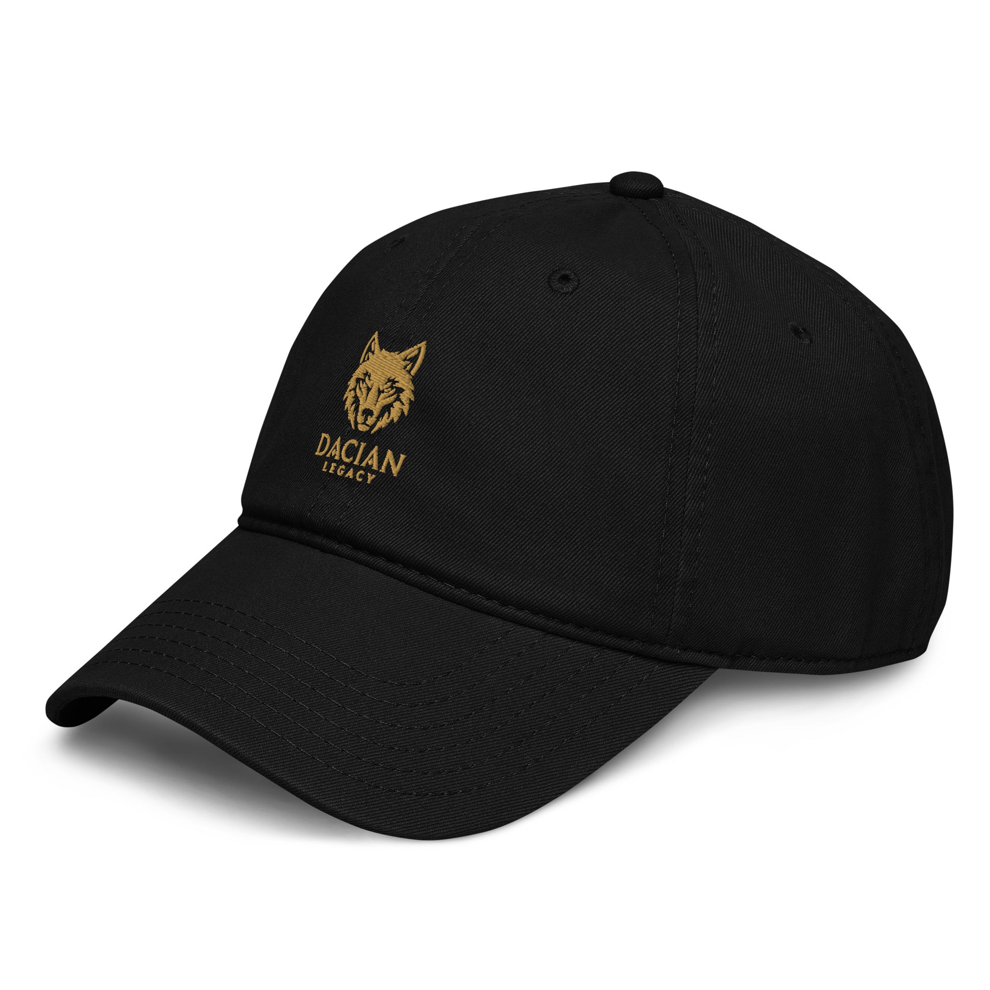 Unstructured 6-panel black baseball cap with gold wolf logo Dacian Legacy brand