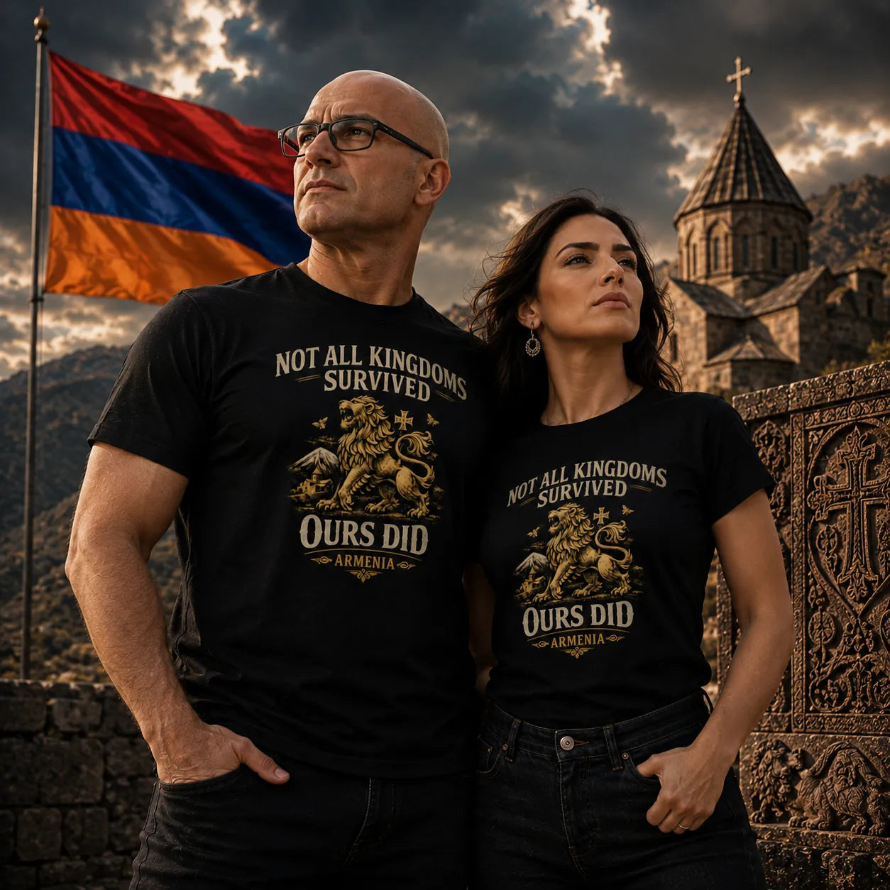 Vintage black unisex t-shirt with Armenian lion and Mount Ararat design, front view