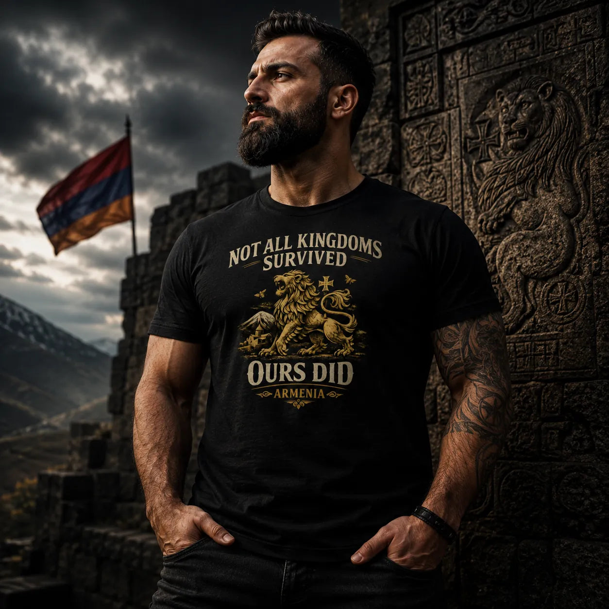 Vintage-style lion illustration with Armenian cross and Mount Ararat
