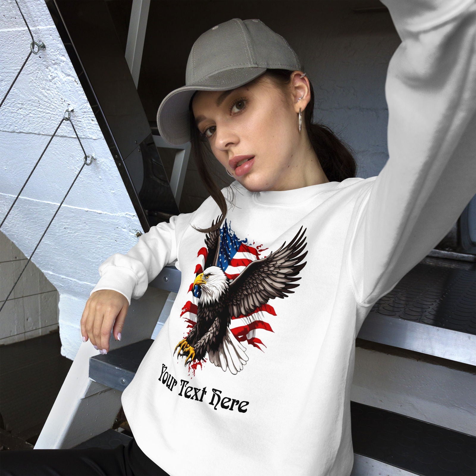 White Customizable Sweatshirt With Flying Eagle Print