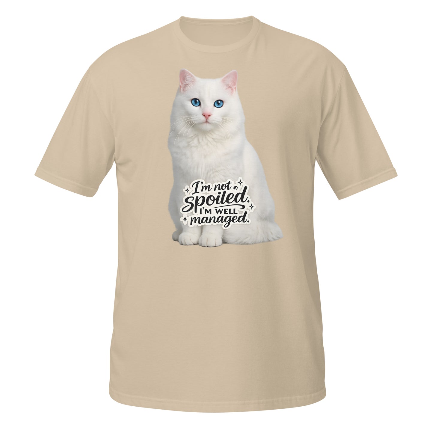 White cat photographic print t-shirt with humorous text