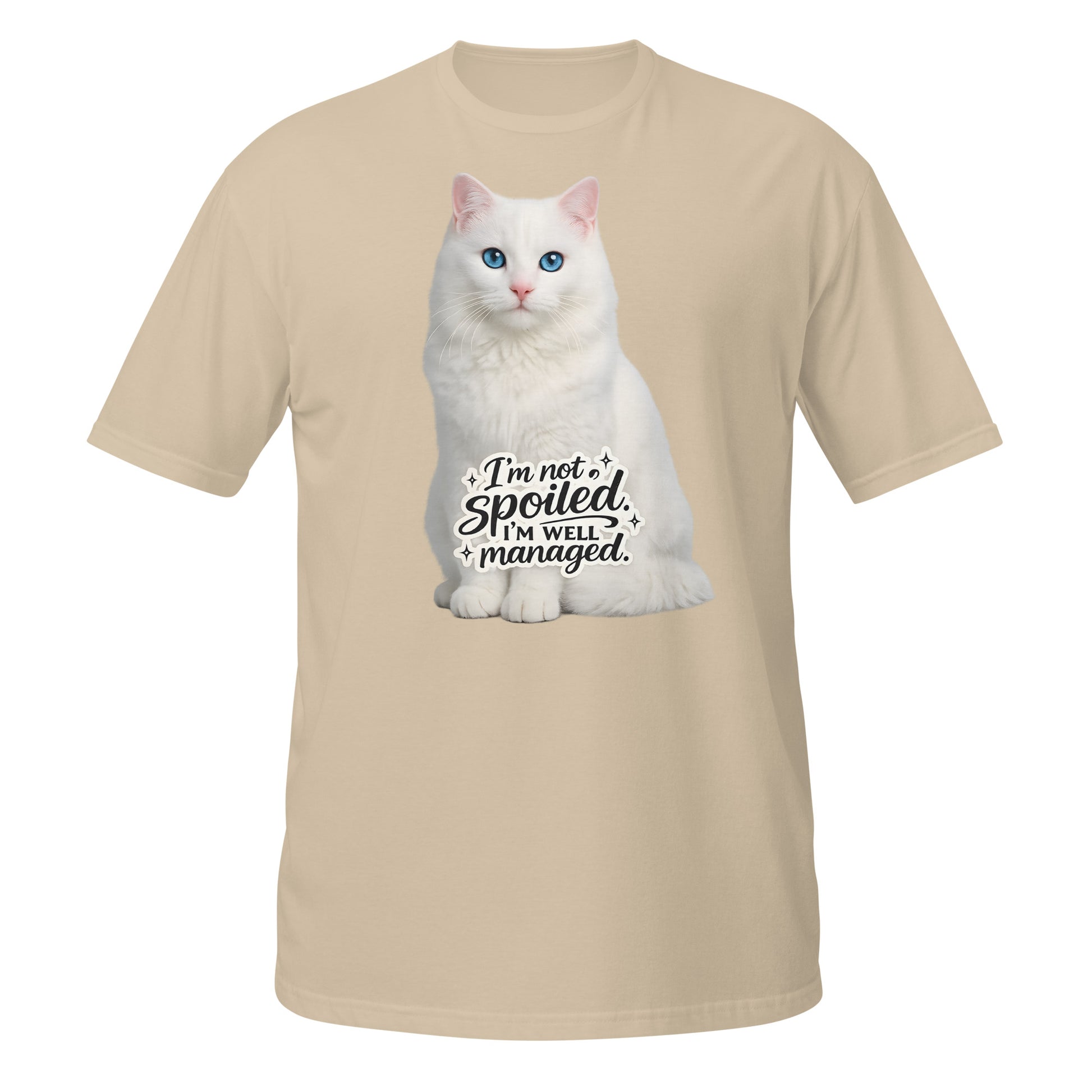 White cat photographic print t-shirt with humorous text