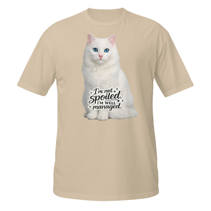 White cat photographic print t-shirt with humorous text
