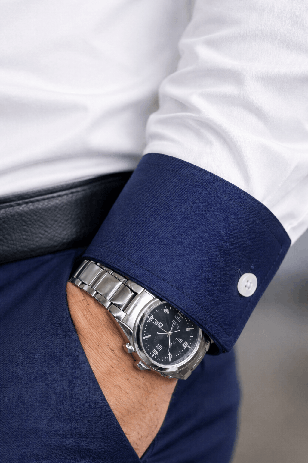 White dress shirt with close up blue cuffs 