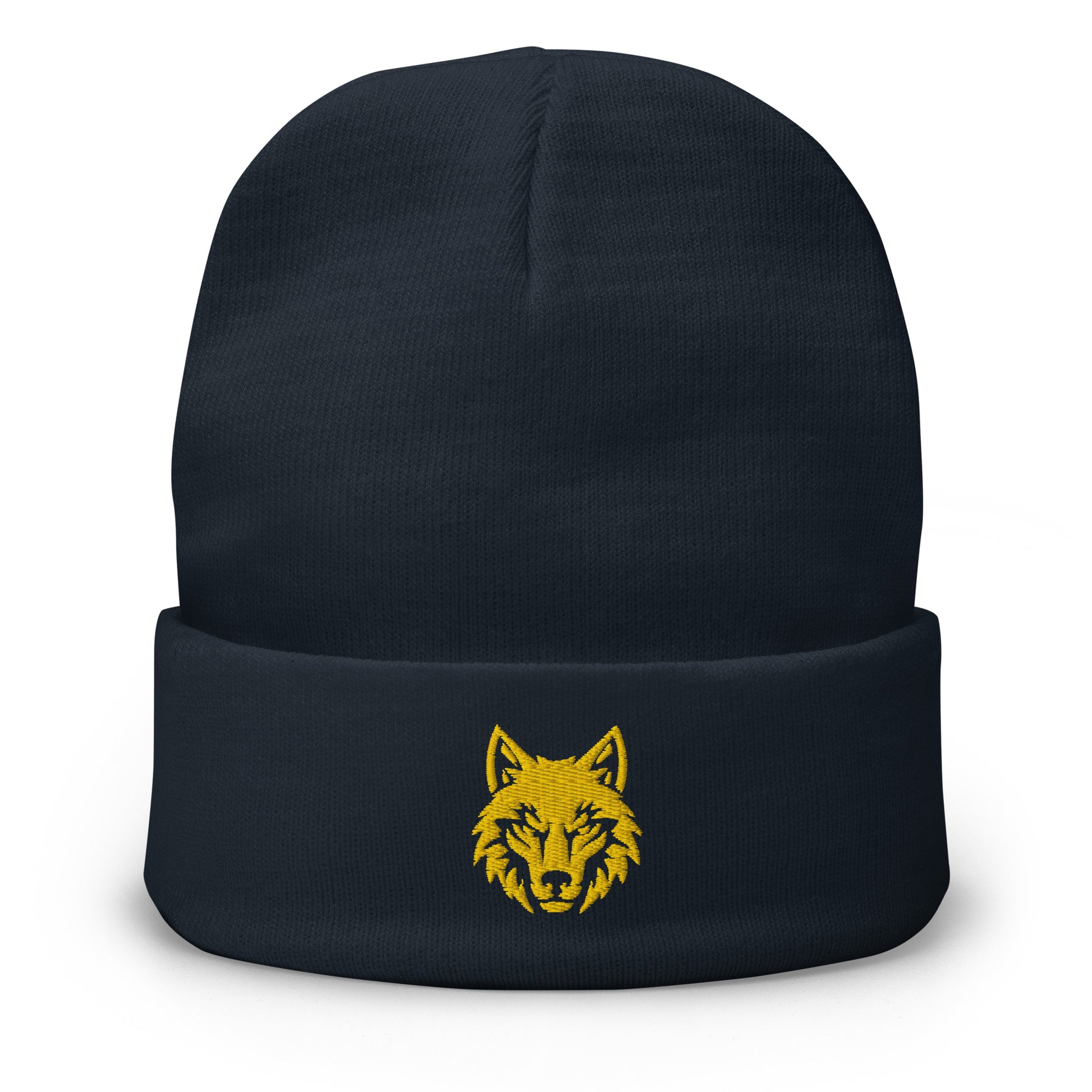 Wolf embroidered winter beanie with folded cuff in navy