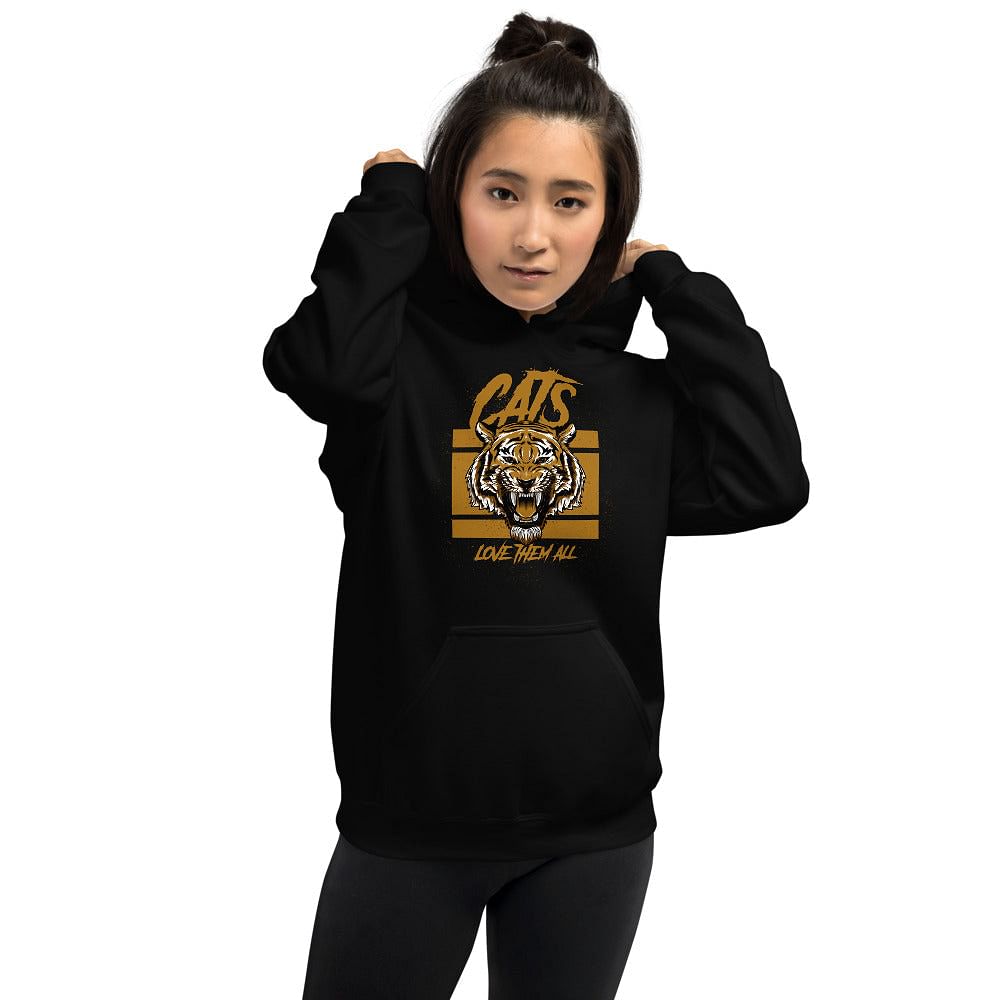 Woman wearing a black hoodie with a fierce tiger graphic