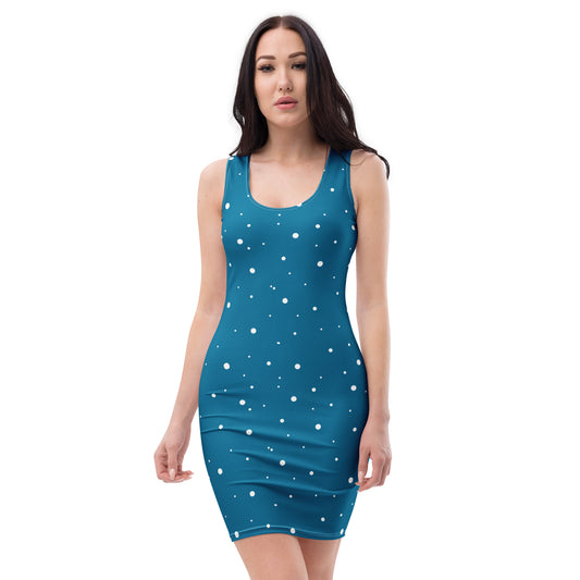 Woman wearing a sleeveless blue bodycon dress with white polka dots