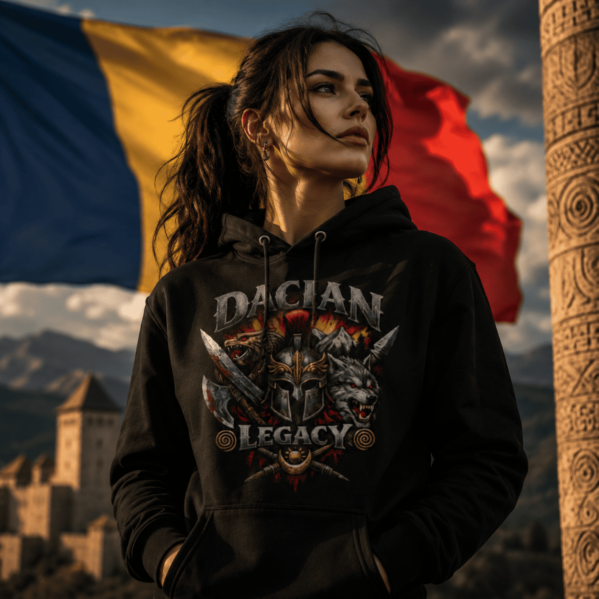 Woman wearing black Dacian Legacy hoodie with wolf and warrior graphic, Romanian flag and mountain castle in background