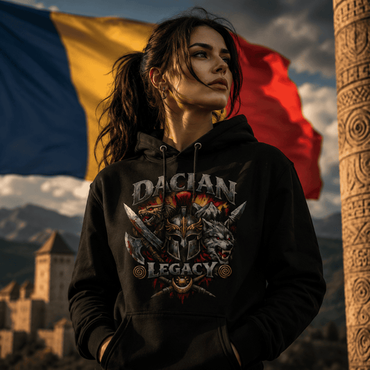 Woman wearing black Dacian Legacy hoodie with wolf and warrior graphic, Romanian flag and mountain castle in background