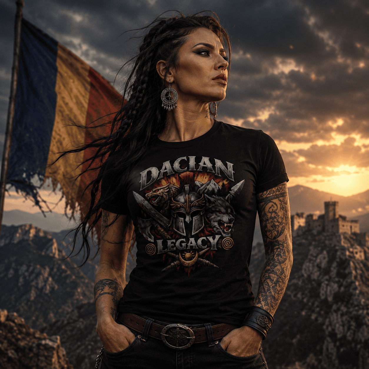 Woman wearing fitted black Dacian Legacy wolf graphic t-shirt with crossed swords design