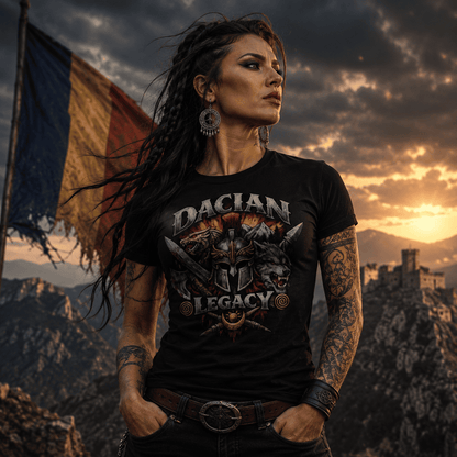 Woman wearing fitted black Dacian Legacy wolf graphic t-shirt with crossed swords design