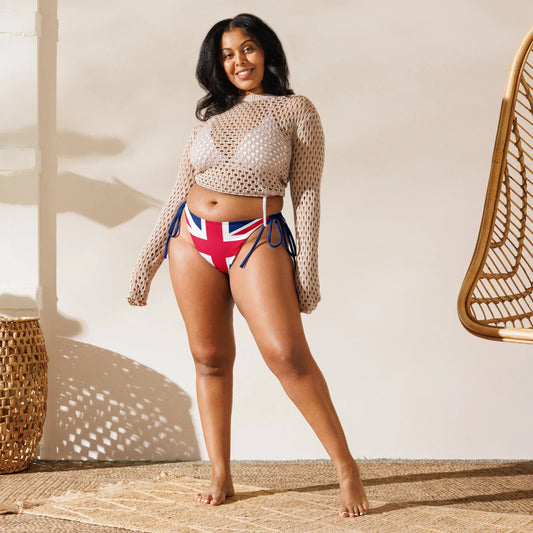 Woman wearing sustainable swimwear with national flag inspired print