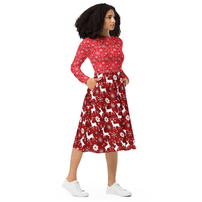 Women's red Christmas dress with reindeer, snowflakes and side pockets