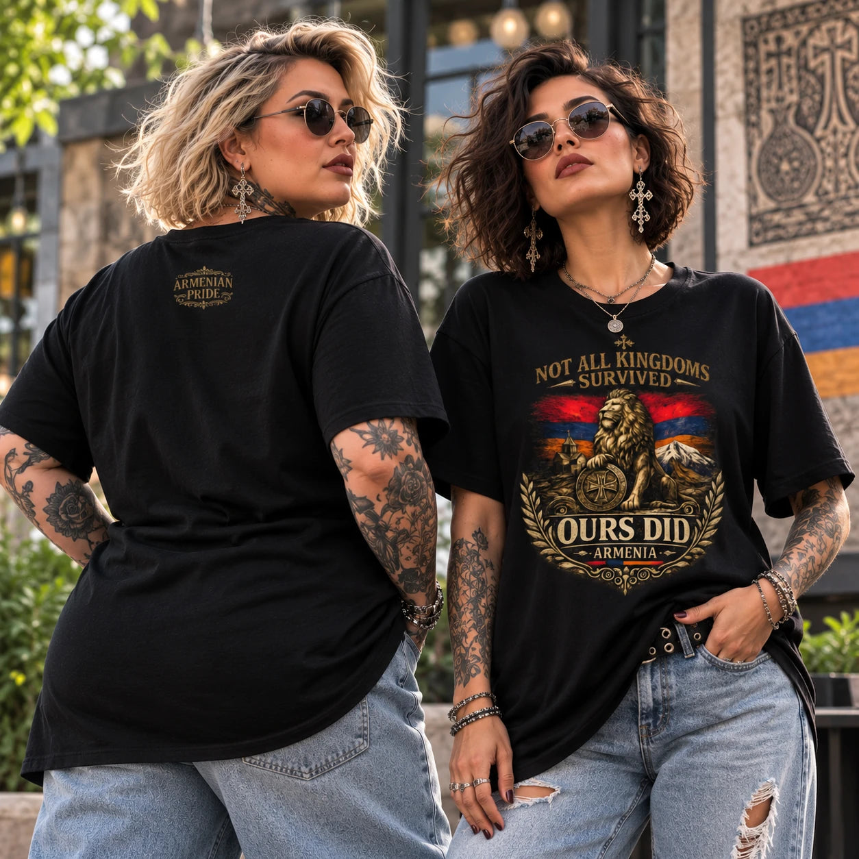 Women wearing Armenian heritage t-shirt dress with jeans