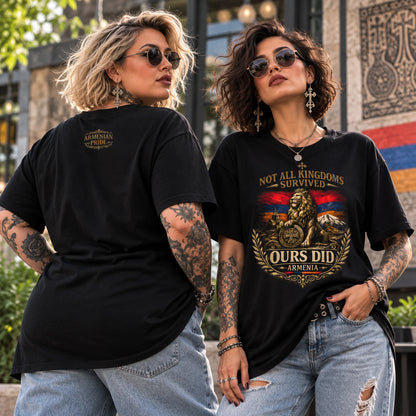 Women wearing Armenian heritage t-shirt dress with jeans