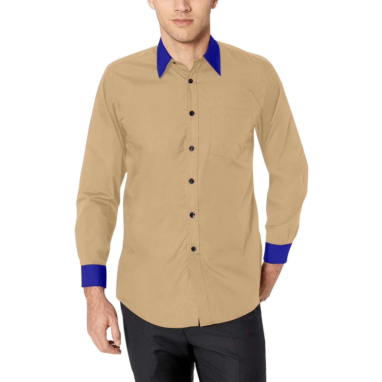 Light Brown Dress Shirt With Deep Navy Blue Collar And Cuffs XL / Light Brown Light Brown Dress Shirt With Deep Navy Blue Collar And Cuffs XL / Light Brown