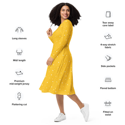 Yellow And White Polka Dot Dress accented by its flattering cut and functional side pockets