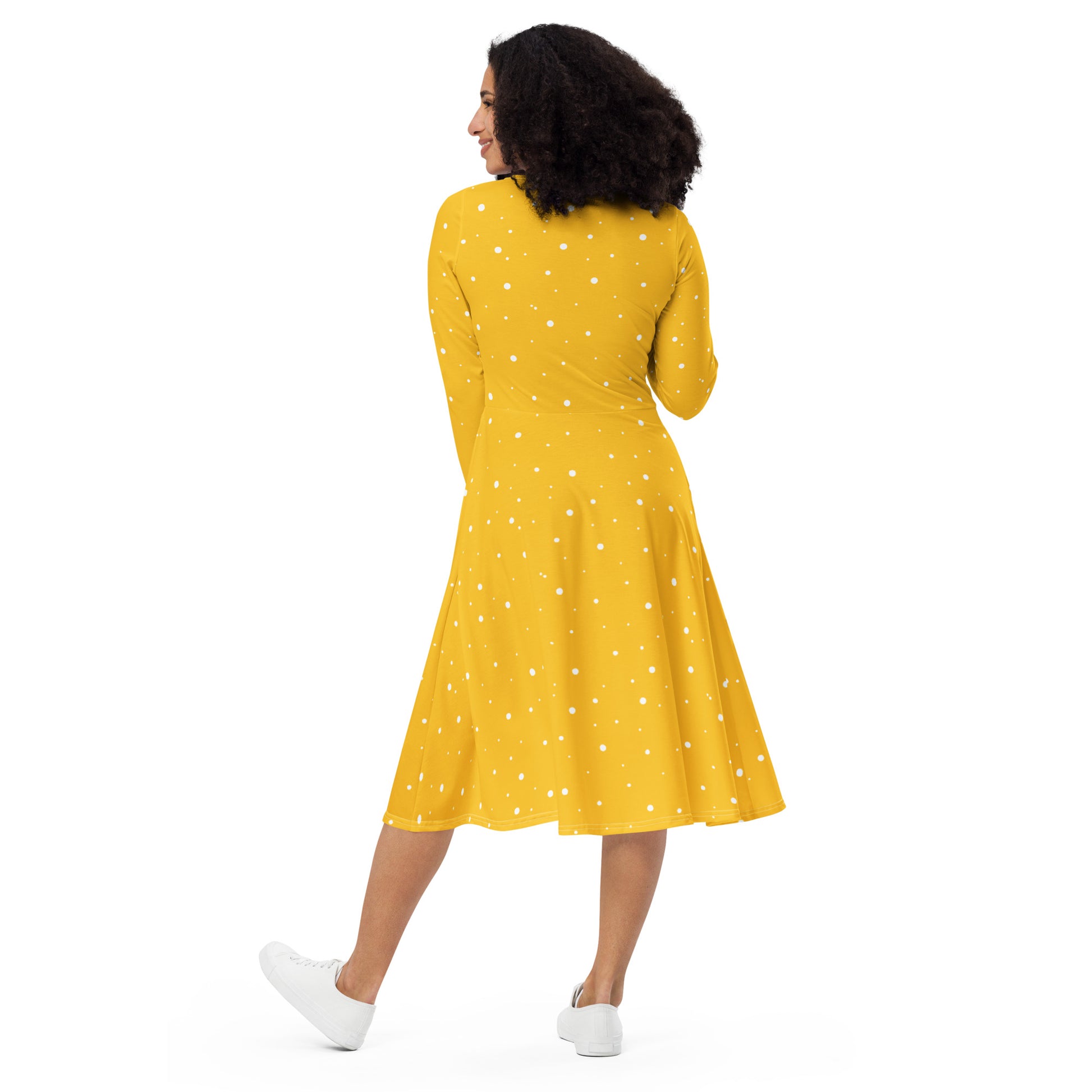 Yellow And White Polka Dot Dress as a modest midi‑length shift dress with long sleeves