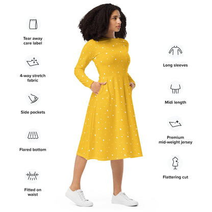 Yellow And White Polka Dot Dress combining fitted waist, long sleeves, and side pockets