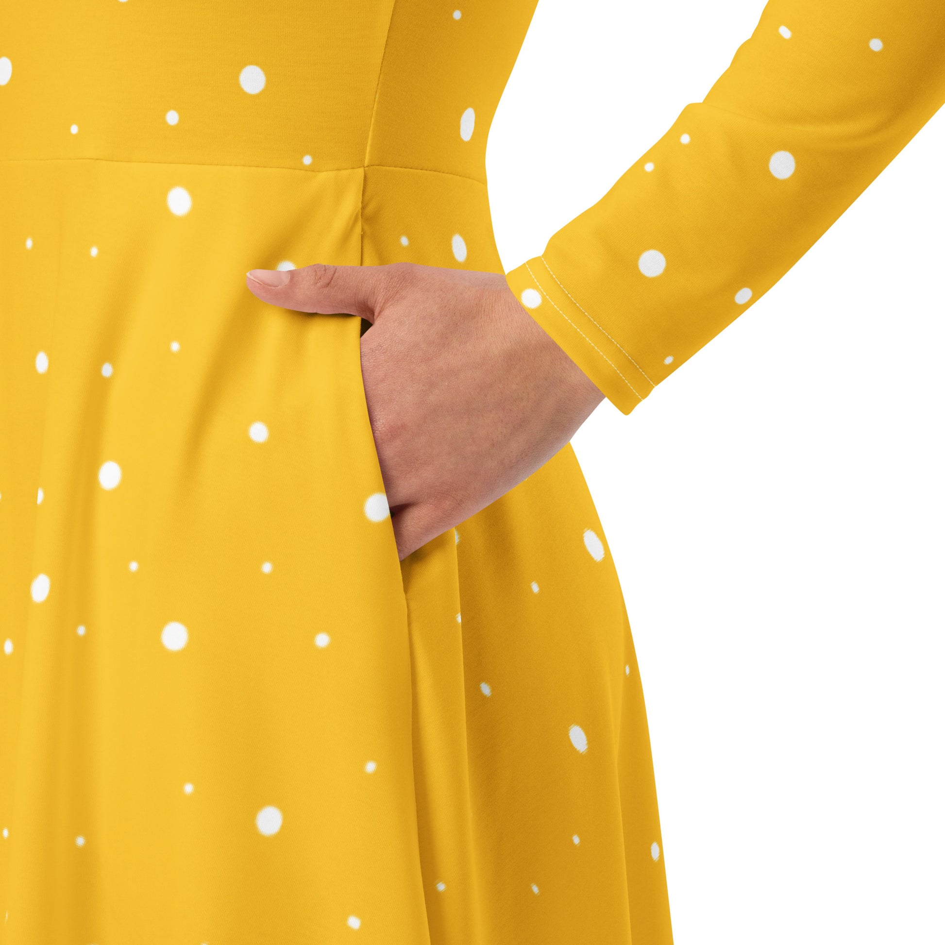 Yellow And White Polka Dot Dress with long sleeves, fitted waist, flared A‑line skirt, and side pockets