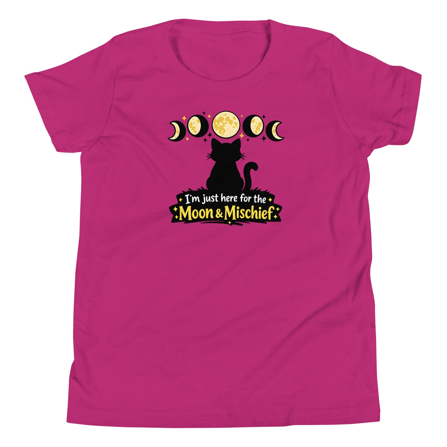 Youth moon and mischief t-shirt with black cat silhouette