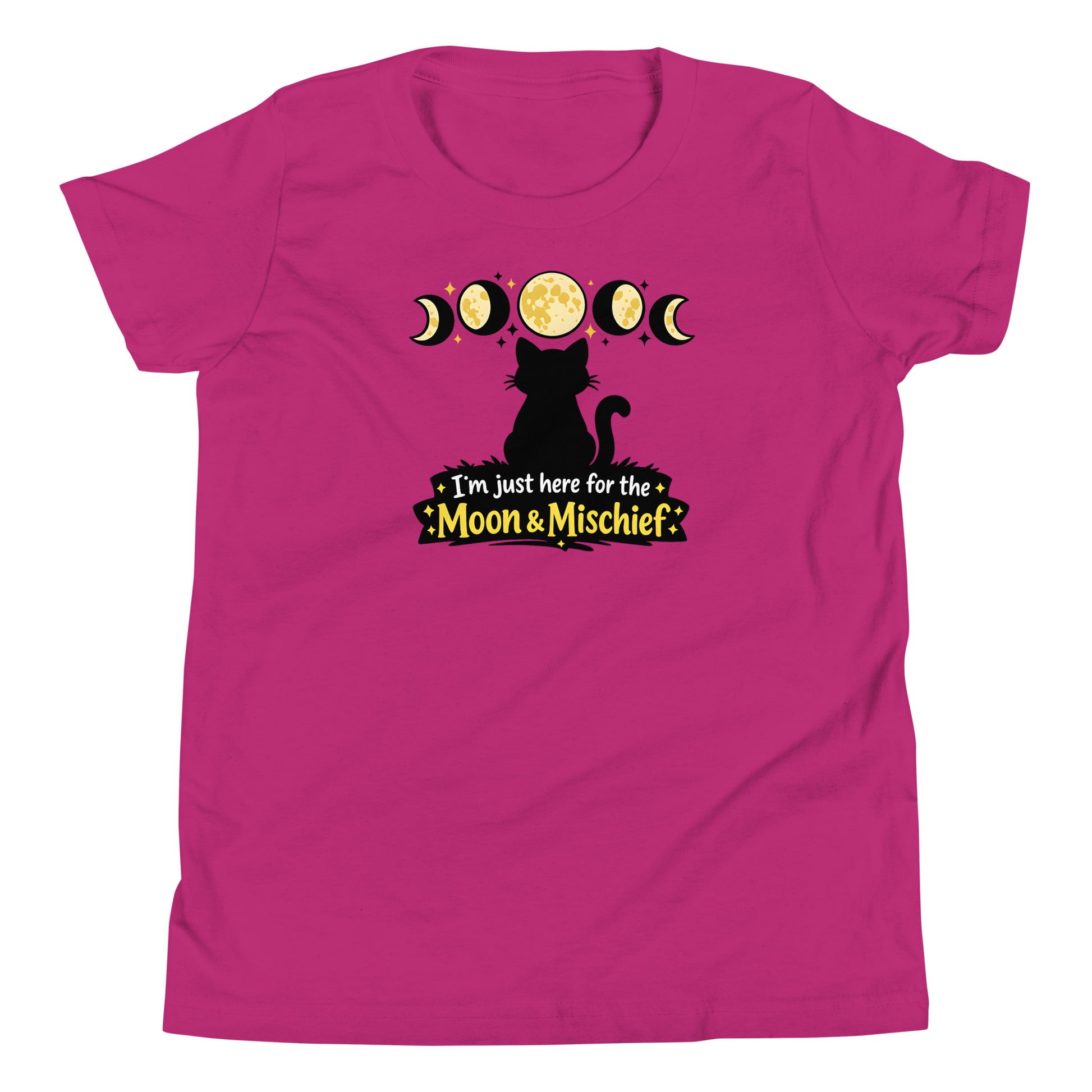 Youth moon and mischief t-shirt with black cat silhouette